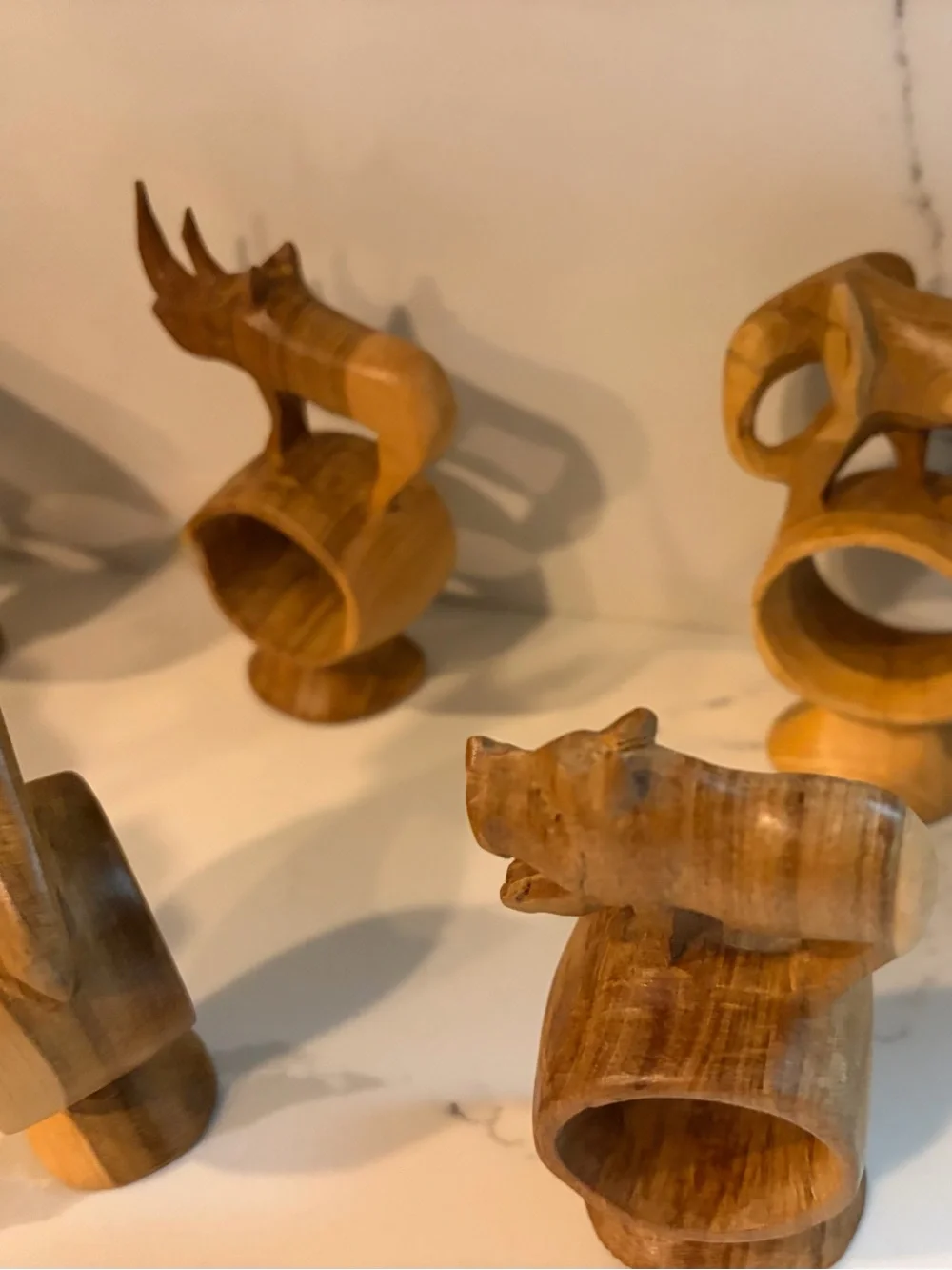 1970s Vintage Hand Carved Wooden Safari Animal Napkin Rings Set of 12